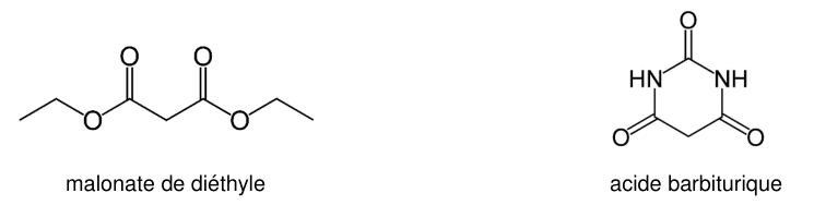 Formules topologiques du malonate de diéthyle et de l'acide barbiturique, légendées sous chacune d'elles. La première est une chaîne ouverte portant deux groupes ester ; la seconde est un cycle à six sommets portant deux atomes d'azote et trois atomes d'oxygène.