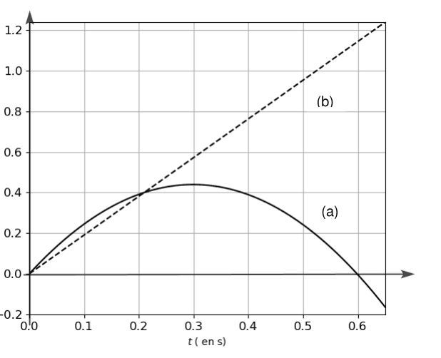 Graphique produit par le programme. En ordonnée, x et y en mètres, gradués de −0,2 à 1,2 ; en abscisse, le temps t en secondes, gradué de 0,0 à 0,6. Deux tracés y figurent : l'un noté (a), l'autre noté (b).
