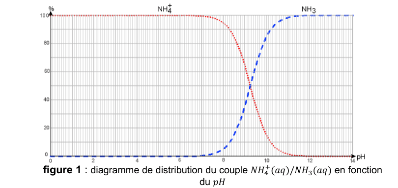 Diagramme de distribution. En ordonnée, un pourcentage gradué de 0 à 100 ; en abscisse, le pH gradué de 0 à 14. Une courbe en pointillés rouges, repérée N H 4 plus, part de 100 pour cent et descend vers 0. Une courbe en tirets bleus, repérée N H 3, part de 0 et monte vers 100 pour cent.