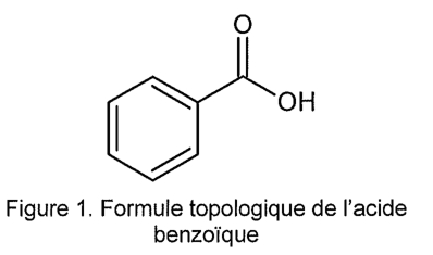 Figure 1 : formule topologique de l'acide benzoïque. Un cycle à six sommets porte un atome de carbone lié par une double liaison à un atome d'oxygène et par une liaison simple à un groupe OH.