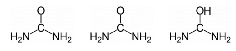 Trois propositions de formules côte à côte, toutes bâties sur un carbone central lié à deux groupes NH2. Dans la première l'oxygène est relié au carbone par une double liaison, dans la deuxième par une simple liaison, dans la troisième c'est un groupe OH qui est relié au carbone.