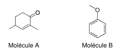 Deux formules topologiques. La molécule A est un cycle à six atomes de carbone portant une double liaison carbone-oxygène, une double liaison carbone-carbone dans le cycle et deux groupes méthyle. La molécule B est un cycle benzénique portant un atome d'oxygène relié à un groupe méthyle.
