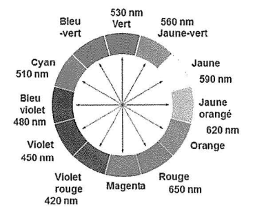 Cercle chromatique : une couronne partagée en douze secteurs colorés, chacun légendé par un nom de couleur et une longueur d'onde en nanomètres. Des flèches relient les secteurs diamétralement opposés.