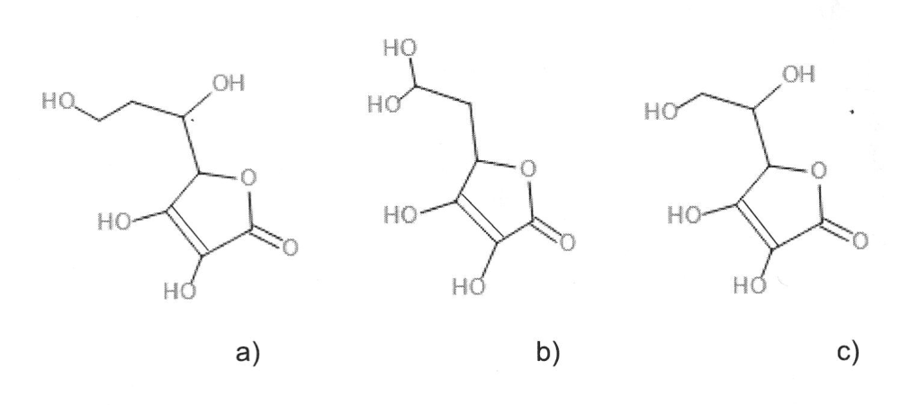 Trois formules topologiques alignées, étiquetées a), b) et c). Toutes comportent un cycle à cinq sommets incluant un atome d'oxygène, avec une double liaison entre deux carbones portant chacun un groupe HO, et un carbone doublement lié à un oxygène. Elles diffèrent par la chaîne latérale rattachée au cycle. Dans la proposition a), la chaîne compte trois sommets : un groupe HO à l'extrémité, puis un sommet nu, puis le sommet voisin du cycle qui porte un groupe OH. Dans la proposition b), la chaîne compte deux sommets et le sommet du bout porte deux groupes HO. Dans la proposition c), la chaîne compte deux sommets : un groupe HO à l'extrémité et un groupe OH sur le sommet voisin du cycle.