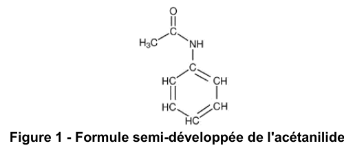 Figure 1 : formule semi-développée de l'acétanilide. Un groupe H₃C est lié à un carbone doublement lié à un O ; ce carbone est relié à un groupe NH, lui-même rattaché à un cycle benzénique dont les cinq autres sommets portent chacun un H.