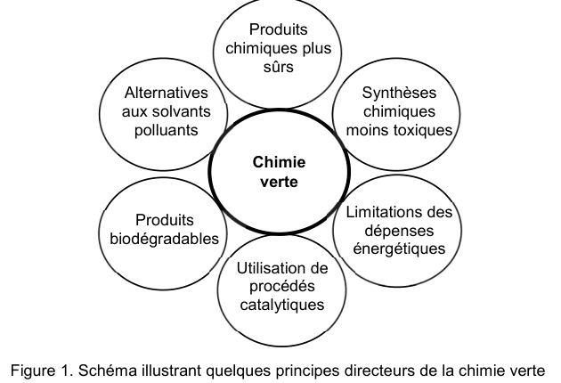 Figure 1 : schéma illustrant quelques principes directeurs de la chimie verte. Un cercle central porte la mention « chimie verte » ; six cercles disposés autour de lui portent chacun un principe : produits chimiques plus sûrs, synthèses chimiques moins toxiques, limitations des dépenses énergétiques, utilisation de procédés catalytiques, produits biodégradables, alternatives aux solvants polluants.
