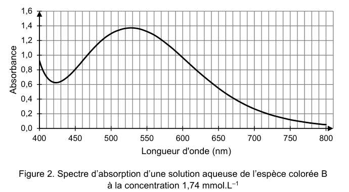 Figure 2 : spectre d'absorption d'une solution aqueuse de l'espèce colorée B à la concentration 1,74 mmol·L⁻¹. En ordonnée, l'absorbance graduée de 0,0 à 1,6 ; en abscisse, la longueur d'onde en nanomètres, graduée de 400 à 800. La courbe part d'une valeur voisine de 0,9, descend jusqu'à un creux dans le premier quart du domaine, remonte jusqu'à un sommet arrondi situé avant le milieu, puis décroît régulièrement et s'annule vers la fin du domaine.