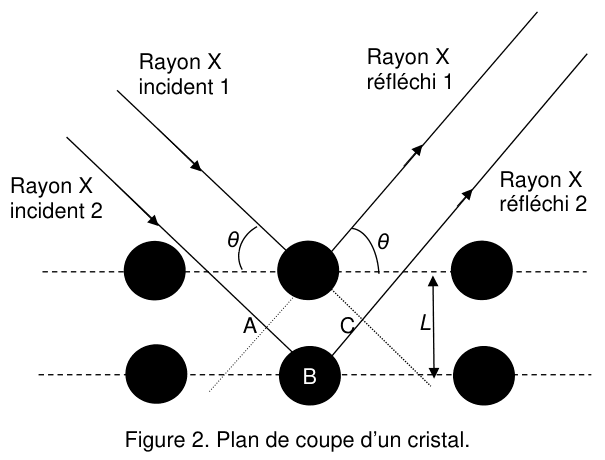 Figure 2 : plan de coupe d'un cristal. Deux rangées horizontales de disques noirs, figurant les atomes, sont alignées sur deux droites en pointillés séparées d'une distance notée L. Un rayon X incident 1 arrive sur un atome de la rangée du haut et repart en rayon X réfléchi 1 ; un rayon X incident 2, parallèle au premier, traverse la première rangée, atteint un atome de la rangée du bas et repart en rayon X réfléchi 2, parallèle au premier réfléchi. L'angle entre chaque rayon et la rangée d'atomes est noté θ. Les points A, B et C repèrent le trajet supplémentaire parcouru par le second rayon.