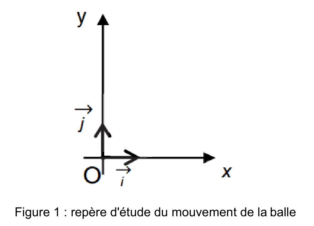Repère du plan : un axe horizontal noté x et un axe vertical noté y, se coupant en O. Le vecteur unitaire i est porté par l'axe des x, le vecteur unitaire j par l'axe des y.