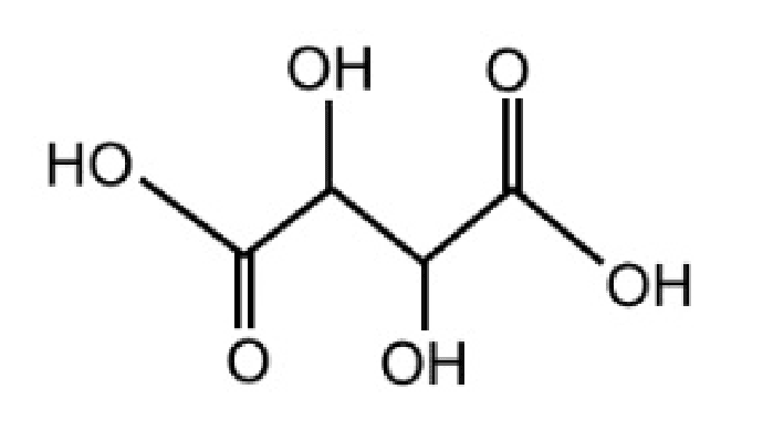 Formule développée d'une molécule : une chaîne carbonée en zigzag portant, à chaque extrémité, un atome d'oxygène doublement lié et un groupe OH, et sur chacun des deux carbones du milieu un groupe OH.