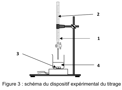 Figure 3 : schéma du dispositif expérimental du titrage. Un tube gradué vertical est maintenu sur une potence par une pince ; il se termine en bas par un robinet et une pointe effilée. Sous cette pointe, un récipient posé sur un support plat contient un liquide, et un petit élément est immergé au fond. Quatre repères numérotés 1, 2, 3 et 4 désignent respectivement le corps du tube gradué, sa partie supérieure, l'élément immergé et le support.
