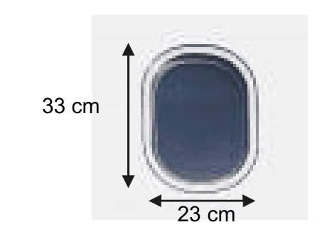 Photo d'un hublot d'avion avec ses dimensions annotées : hauteur 33 cm et largeur 23 cm.