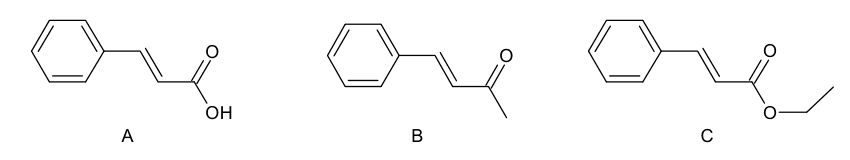 Trois formules topologiques notées A, B et C. Toutes portent un cycle benzénique relié par une double liaison carbone-carbone à une chaîne courte. En A, la chaîne se termine par un carbone doublement lié à un oxygène et simplement lié à un groupe O H. En B, ce carbone est doublement lié à un oxygène et simplement lié à un groupe méthyle. En C, il est doublement lié à un oxygène et simplement lié à un oxygène portant un groupe éthyle.