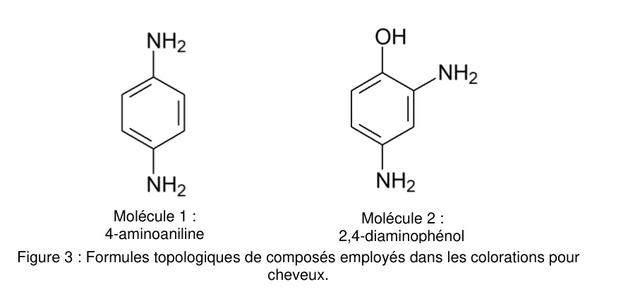 Figure 3 : formules topologiques de deux composés. À gauche, molécule 1, la 4-aminoaniline : un cycle benzénique portant un groupe NH₂ en haut et un groupe NH₂ en bas, en positions opposées. À droite, molécule 2, le 2,4-diaminophénol : un cycle benzénique portant un groupe OH en haut, un groupe NH₂ sur le carbone voisin à droite et un groupe NH₂ plus bas sur le cycle.