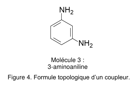 Figure 4 : formule topologique de la molécule 3, le 3-aminoaniline : un cycle benzénique portant un groupe NH₂ en haut et un second groupe NH₂ sur le deuxième carbone à droite en descendant.