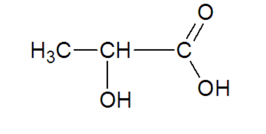 Formule semi-développée de l'acide lactique : H3C relié à CH, ce CH portant un groupe OH, puis relié à un carbone portant une double liaison O et un groupe OH.