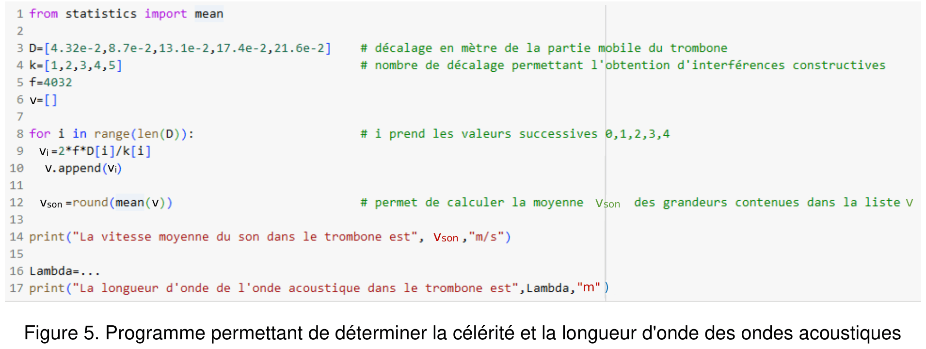 Programme Python de dix-sept lignes numérotées. Il importe la fonction mean, définit une liste D de cinq décalages en mètre, une liste k de cinq entiers, la fréquence f, puis une liste v vide. Une boucle for parcourt les indices de D, calcule une grandeur vi et l'ajoute à la liste v. La moyenne arrondie de v est stockée dans vson, puis affichée. La ligne 16 est incomplète : Lambda est laissée à compléter.