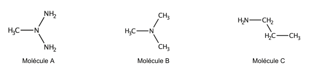 Trois formules semi-développées d'amines : molécules A, B et C