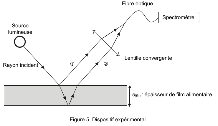 Figure 5 : dispositif expérimental. Une source lumineuse envoie un rayon incident oblique sur une lame grise représentant le film, dont l'épaisseur e indice film est cotée. Deux rayons numérotés 1 et 2 en repartent vers le haut, parallèles, traversent une lentille convergente et entrent dans une fibre optique reliée à un spectromètre.