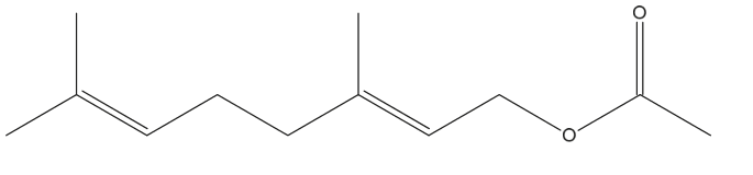Représentation topologique de l'éthanoate de géranyle : la même chaîne carbonée en zigzag à deux doubles liaisons, terminée à droite par un atome d'oxygène relié à un carbone portant lui-même une double liaison à un second oxygène et un groupe méthyle.