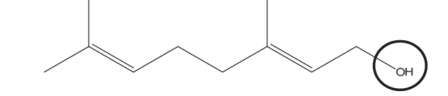 Représentation topologique du géraniol : une chaîne carbonée en zigzag portant deux doubles liaisons et deux ramifications méthyle, terminée à droite par un groupe OH qui est entouré d'un cercle.