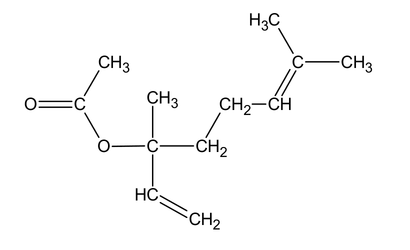 Formule semi-développée de l'éthanoate de linalyle : un groupe CH3 relié à un carbone portant une double liaison O, lui-même relié par un atome O à un carbone quaternaire ; ce carbone porte un groupe CH3, un groupe HC égal CH2, et une chaîne CH2-CH2 qui se termine par CH double liaison C portant deux groupes CH3.