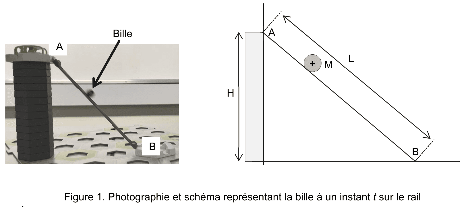 À gauche, photographie du jeu : une tour noire posée sur un support clair, d'où part un rail incliné ; les points A, en haut, et B, en bas, sont repérés, ainsi que la bille sur le rail. À droite, schéma du même dispositif : un mur vertical de hauteur H, un segment incliné de longueur L allant de A jusqu'à B, et un point M repéré par une croix sur ce segment.