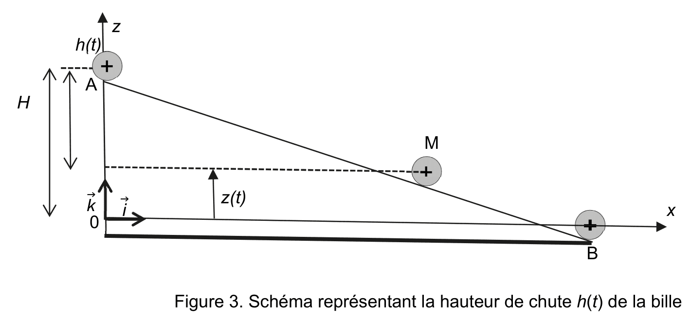 Schéma en coupe : un axe vertical z et un axe horizontal x se croisent en O, avec les vecteurs unitaires i et k. Le point A est en haut à gauche, à la hauteur H au-dessus de l'axe x ; le point B est en bas à droite sur l'axe x. Un segment relie A à B ; un point M y est repéré, à l'altitude z(t). La hauteur de chute h(t) est fléchée entre l'altitude de A et celle de M.