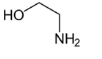 Formule topologique de l'éthanolamine : un groupe HO écrit à gauche, relié à un zigzag de deux segments, terminé par un groupe NH2 écrit en bas à droite.
