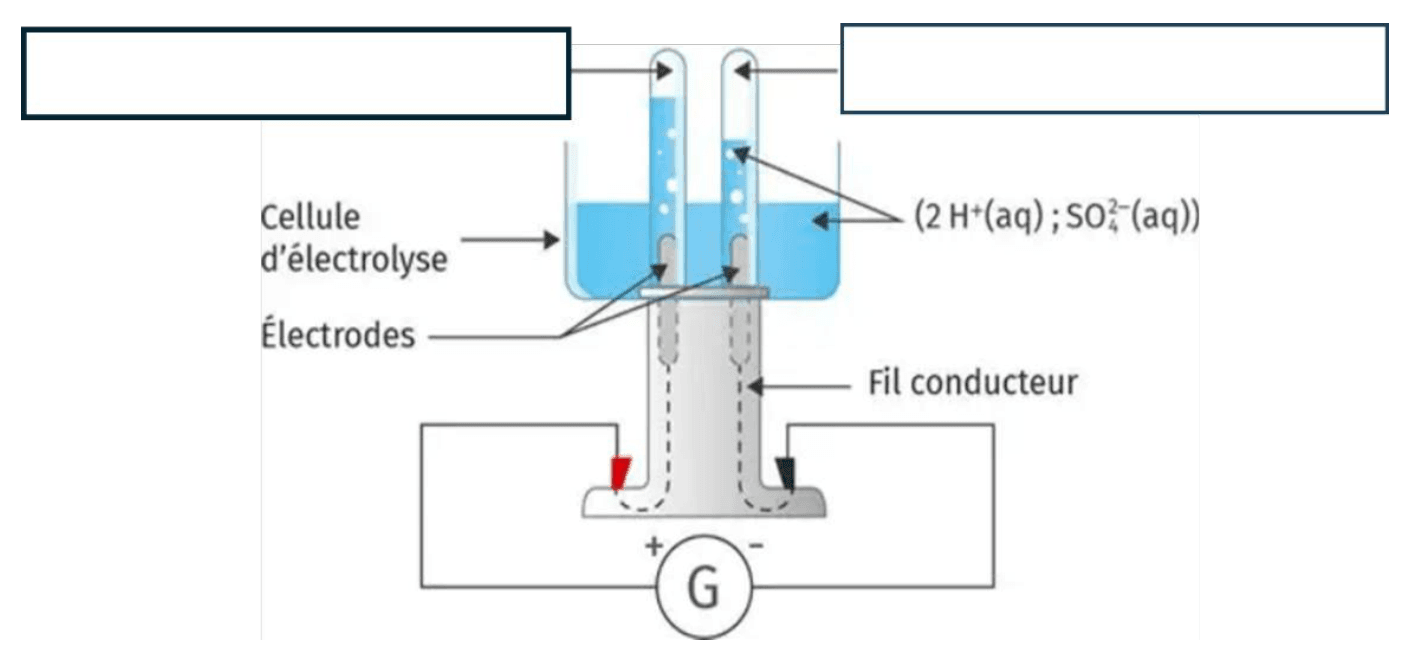 Schéma d'un montage d'électrolyse : une cellule contenant une solution légendée 2 H plus aqueux et SO4 2 moins aqueux, dans laquelle plongent deux électrodes surmontées chacune d'un tube à essais recueillant un gaz. Deux cadres vides sont placés au-dessus des tubes. Un fil conducteur relie les électrodes à un générateur noté G, dont les bornes plus et moins sont repérées.
