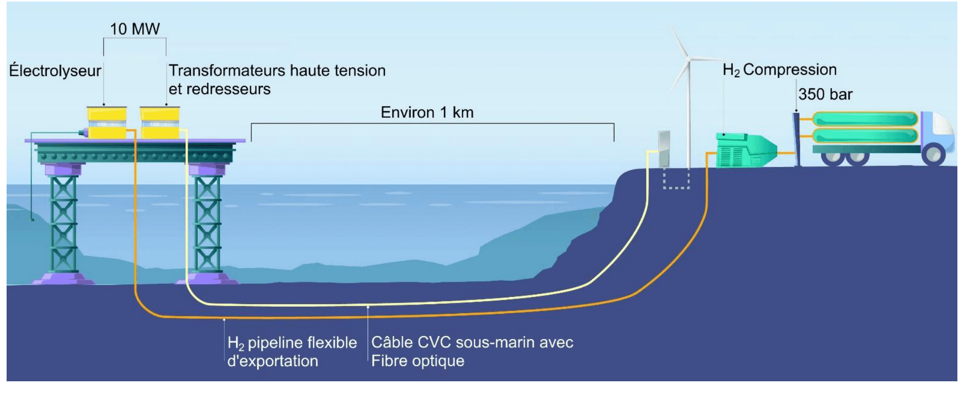 Illustration en coupe d'une installation en pleine mer : à gauche, une plateforme portant un électrolyseur et des transformateurs haute tension, alimentée par une éolienne ; un câble sous-marin et un pipeline flexible d'exportation courent sur environ un kilomètre jusqu'à la côte, à droite, où le dihydrogène est comprimé à 350 bar et chargé sur un camion.