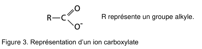 Figure 3 : représentation d'un ion carboxylate : un groupe R relié à un atome de carbone, lui-même lié à un atome d'oxygène par une double liaison et à un atome d'oxygène portant une charge négative. La légende précise que R représente un groupe alkyle.