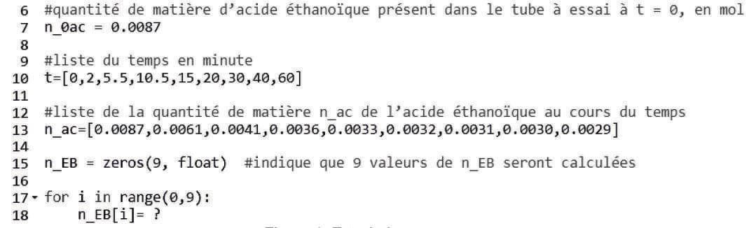 Figure 1 : extrait du programme Python (lignes 6 à 18) traçant nEB(t)