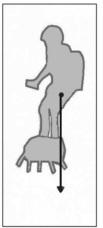 Schéma du pilote debout sur son Flyboard. Un point noir marque le point d'application, à hauteur du bassin, d'un segment fléché vertical qui descend vers le bas de l'image.
