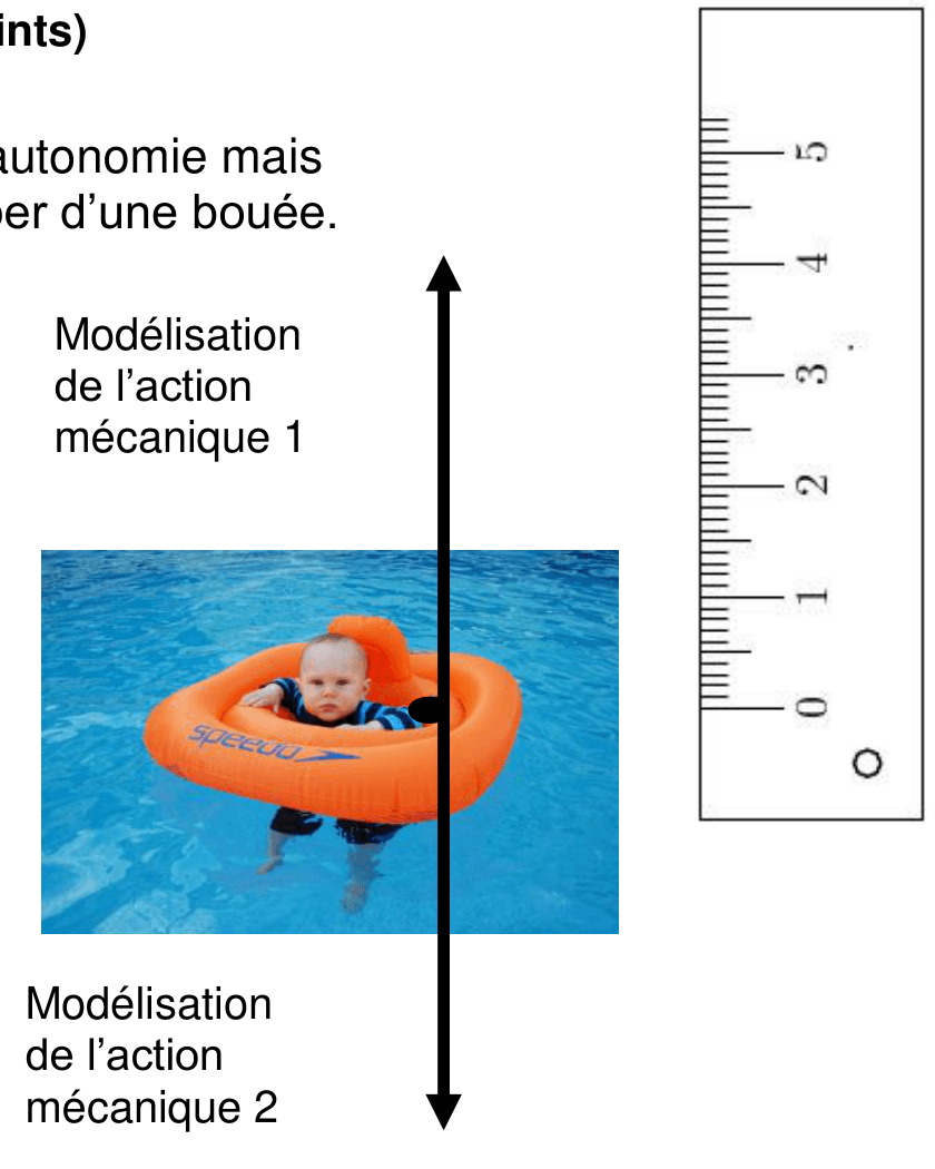Schéma du bébé dans une bouée avec deux flèches modélisant les actions de la Terre et de l'eau