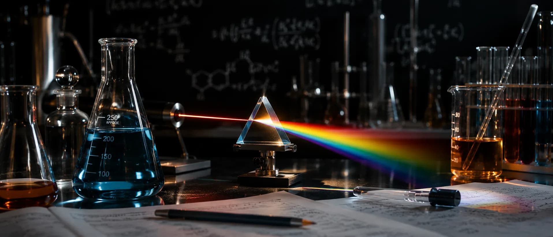 Paillasse de physique-chimie : verrerie, prisme avec dispersion arc-en-ciel, cahier de cours