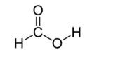 Formule développée de l'acide méthanoïque : un carbone central relié à un atome d'hydrogène à gauche, à un atome d'oxygène par une double liaison vers le haut, et à un groupe O–H à droite.