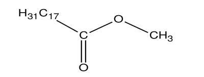 Formule semi-développée : un groupe noté H31C17 relié à un carbone C, lui-même doublement lié vers le bas à un atome d'oxygène et relié vers la droite à un atome d'oxygène puis à un groupe CH3.