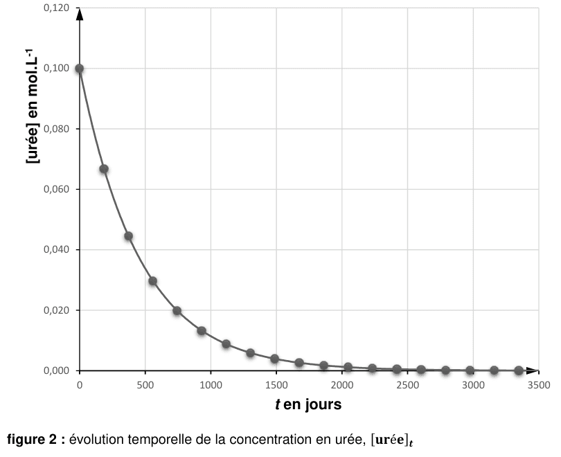 Figure 2 : évolution temporelle de la concentration en urée. En ordonnée, la concentration en mol·L⁻¹ de 0 à 0,120 ; en abscisse, le temps t en jours de 0 à 3500. Les points expérimentaux décrivent une décroissance rapide au début, qui se ralentit et tend vers zéro.