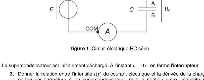 Figure 1. Schéma d'un circuit série comportant une source de tension E, un interrupteur, un conducteur ohmique R, un ampèremètre et un condensateur C dont les armatures sont notées A et B, avec la tension uC fléchée à ses bornes.