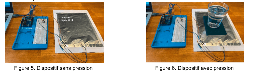Figures 5 et 6 : deux photographies du dispositif posé sur une table. Sur la première, le capteur capacitif, relié par des fils à une plaque d'essai et à un microcontrôleur, est libre. Sur la seconde, un verre rempli d'eau est posé sur le capteur.