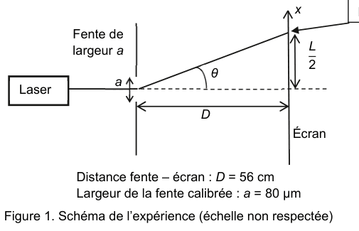 Figure 1 : schéma de l'expérience. Un laser envoie un faisceau sur une fente verticale de largeur a ; à la distance D se trouve un écran. L'axe x est vertical sur l'écran. L'angle θ entre l'axe optique et la direction de la première extinction est repéré, ainsi que la demi-largeur L/2 de la tache centrale. Deux mentions donnent D = 56 cm et a = 80 µm.