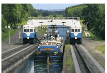 Photographie de la pente d'eau de Montech : deux automotrices bleues et blanches encadrent un bassin où flotte une péniche, sur un plan incliné bordé de rails.