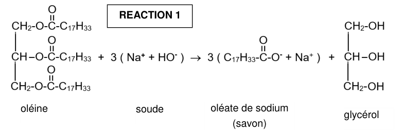 Équation de la réaction, écrite en formules semi-développées et encadrée RÉACTION 1. À gauche, l'oléine : un squelette CH2-CH-CH2 dont chaque carbone porte un groupe O-C avec une double liaison à un oxygène et une chaîne C17H33 ; s'y ajoutent trois fois l'ion sodium et l'ion hydroxyde de la soude. À droite, trois fois l'oléate de sodium, écrit C17H33-C avec une double liaison à un oxygène et un O moins associé à Na plus, et le glycérol, écrit CH2-OH, CH-OH, CH2-OH. Les quatre espèces sont légendées oléine, soude, oléate de sodium (savon) et glycérol.