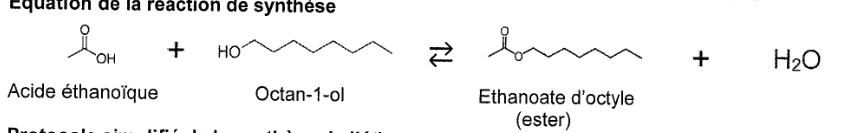 Équation de la réaction écrite en formules topologiques. À gauche l'acide éthanoïque, puis un signe plus, puis l'octan-1-ol représenté par une longue chaîne terminée par OH. Une double flèche d'équilibre mène à l'éthanoate d'octyle, puis au signe plus et à H2O. Les trois espèces sont légendées sous leur formule.