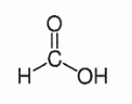 Formule semi-développée de l'acide formique : un atome de carbone central relié à un atome d'hydrogène à gauche, à un oxygène par une double liaison vers le haut, et à un groupe OH à droite.