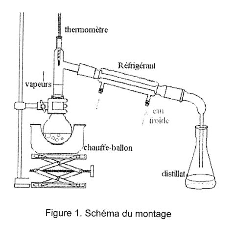 Figure 1, schéma du montage de distillation. Un ballon posé sur un chauffe-ballon est surmonté d'une colonne portant un thermomètre ; les vapeurs passent dans un réfrigérant à eau incliné, refroidi par une circulation d'eau froide, et le distillat s'écoule dans un erlenmeyer. Le tout est fixé sur une potence.
