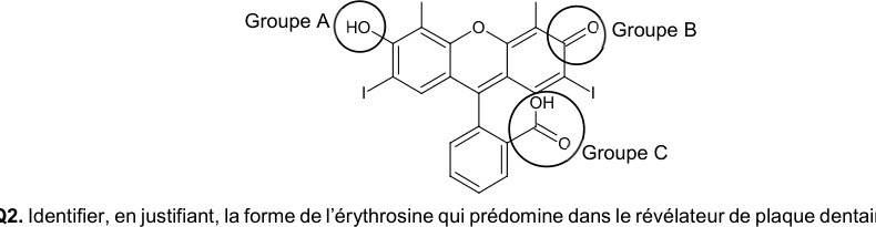 Formule topologique de la forme H2Ery de l'érythrosine. Trois groupes caractéristiques sont entourés d'un cercle et étiquetés Groupe A, Groupe B et Groupe C.