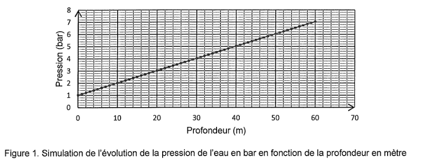 Figure 1 : simulation de l'évolution de la pression de l'eau en bar en fonction de la profondeur en mètre. En ordonnée, la pression en bar de 0 à 8 ; en abscisse, la profondeur en mètre de 0 à 70. Le tracé est une droite croissante, sur un quadrillage fin permettant la lecture graphique.