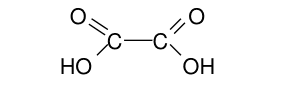 Formule semi-développée de l'acide oxalique : deux atomes de carbone reliés entre eux ; chacun porte une double liaison vers un atome d'oxygène orientée vers le haut et une liaison simple vers un groupe OH orientée vers le bas.